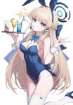  1girl animal_ears aqua_bow aqua_bowtie blonde_hair blue_archive blue_bow blue_eyes blue_footwear blue_hair blue_leotard bow bowtie braid breasts cleavage commentary cup detached_collar drinking drinking_glass drinking_straw earpiece earrings fake_animal_ears fake_tail hair_bow halo high_heels highres holding holding_tray jewelry leg_up leotard long_hair looking_at_viewer medium_breasts multicolored_hair official_alternate_costume playboy_bunny rabbit_ears rabbit_tail ripnte simple_background single_earring solo sparkle standing standing_on_one_leg strapless strapless_leotard streaked_hair tail thighhighs toki_(blue_archive) toki_(bunny)_(blue_archive) tray v very_long_hair white_background white_thighhighs white_wrist_cuffs wrist_cuffs 