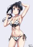  1girl absurdres arm_up armpits bikini black_hair breasts cleavage closed_mouth cowboy_shot floating_hair grey_background hibike!_euphonium high_ponytail highres kippei kousaka_reina large_breasts light_frown long_hair navel polka_dot polka_dot_bikini ponytail purple_eyes side-tie_bikini_bottom solo stomach swimsuit 