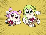  2girls :3 alina_gray aqua_eyes bkub_(style) blonde_hair bow bowtie brown_footwear brown_skirt chibi derivative_work emphasis_lines full_body green_hair hair_ornament long_hair magia_record:_mahou_shoujo_madoka_magica_gaiden mahou_shoujo_madoka_magica misono_karin multicolored_hair multiple_girls parody parted_bangs plaid plaid_skirt poptepipic purple_eyes purple_hair red_bow red_bowtie sakae_general_school_uniform school_uniform shirt sidelocks single_hair_ring skirt socks star_(symbol) star_hair_ornament straight_hair streaked_hair style_parody two_side_up uwakimono_atsushi_kun white_shirt white_socks 