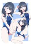  1girl absurdres ass black_hair blue_eyes blue_one-piece_swimsuit competition_swimsuit cowboy_shot gridman_universe highleg highleg_swimsuit highres long_hair looking_at_viewer multicolored_clothes multicolored_swimsuit multiple_views one-piece_swimsuit sho_(shoshos_8888) sitting smile ssss.gridman standing swimsuit takarada_rikka wariza 