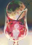  1boy absurdres ao_rui cocktail_glass cross cup drawn_wings drinking_glass facing_away full_moon highres in_container in_cup male_focus moon nagisa_kaworu neon_genesis_evangelion nude red_background short_hair single_wing sky solo star_(sky) starry_sky white_hair wings 