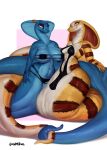  absurd_res amber_eyes anthro blue_body breasts clothed clothing cobra duo eyewear female fora glasses goldmikun hi_res multicolored_body non-mammal_breasts piercing reptile rosaria_synn round_glasses scales scalie simple_background snake snake_hood two_tone_body yellow_body yellow_scales 