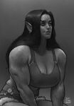  2023 absurd_res bottomwear breasts cleavage clothed clothing cutoffs denim denim_clothing ear_piercing eyebrow_scar facial_scar female greyscale hi_res humanoid humanoid_pointy_ears justsomenoob monochrome muscular muscular_female not_furry notched_ear orc piercing scar shorts solo tusks 