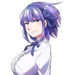  1girl blue_eyes blue_flower blue_hairband blue_ribbon blue_rose bow breasts closed_mouth collared_shirt dagashi_kashi dress_shirt eyelashes flower hairband highres large_breasts long_sleeves neji_(ultramarinesunset) purple_hair ribbon ringed_eyes rose shidare_hotaru shirt short_hair solo striped striped_bow upper_body white_background white_shirt 