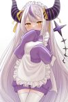  1girl ahoge alternate_costume apron braid braided_bangs frilled_apron frills grey_hair hair_ribbon highres hololive horns la+_darknesss long_hair maid_apron maid_headdress megumaru_(mgml_mgmg) multicolored_hair pointy_ears purple_hair purple_sweater ribbon streaked_hair striped_horns sweater thighhighs very_long_hair virtual_youtuber white_apron white_thighhighs yellow_eyes yellow_ribbon 