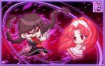  2girls akagi_towa circle crossover danganronpa_(series) dress fukawa_toko glasses go!_princess_precure looking_back lowres multiple_girls non-web_source pink_dress pink_eyes pink_hair precure purple_hair sawashiro_miyuki school_uniform scissors tongue tongue_out two_worlds voice_actor_connection 