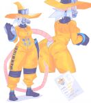  alkali_(nanokindred) anthro blue_eyes breasts butt clothed clothing digital_media_(artwork) english_text eyes_closed female fingers footwear fur gas_mask gloves hair hair_over_eye handwear hat hazmat_suit headgear headwear hi_res id_badge looking_at_viewer mammal mask murid murine nanokindred one_eye_obstructed ponytail rat rear_view rodent shoes simple_background solo standing tail text text_on_clothing topwear white_body white_fur white_hair yellow_clothing yellow_handwear yellow_hat yellow_headwear 