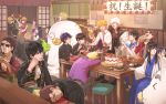  6+boys 6+girls alcohol artist_name aya_shiro423 beard beer belt black_footwear black_hair bloodshot_eyes bowl cake character_request chopsticks dated drinking ekubo_(mob_psycho_100) elizabeth_(gintama) facial_hair food geta gintama hammer hanazawa_teruki hand_up happy_birthday hard_hat helmet highres indoors japanese_clothes kageyama_ritsu kageyama_shigeo kagura_(gintama) kimono kurata_tome mezato_ichi mob_psycho_100 mogami_keiji mouth_hold multiple_boys multiple_girls necktie okita_sougo pink_necktie reigen_arataka restaurant sakata_gintoki sandals shimura_shinpachi shirt sitting sunglasses takane_tsubomi white_hair white_shirt yellow_headwear 