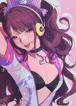  1girl absurdres black_bra black_choker bra breasts brown_hair choker hair_ribbon headphones highres jewelry kokomi_(aniesuakkaman) kujikawa_rise long_hair looking_at_viewer official_alternate_costume official_alternate_hairstyle open_clothes open_mouth open_shirt pendant pendant_choker persona persona_4 persona_4:_dancing_all_night ribbon smile solo teeth underwear upper_body 