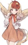  &gt;_&lt; 1girl animal animal_on_head bird bird_on_head bird_tail bird_wings blonde_hair blurry blush brown_dress brown_eyes chick cowboy_shot d: depth_of_field dot_nose dress feathered_wings foreshortening hair_behind_ear hand_up highres holding holding_whistle long_sleeves looking_at_viewer neck_ribbon niwatari_kutaka on_head open_hand outstretched_hand parted_lips puffy_long_sleeves puffy_sleeves red_ribbon ribbon ribbon_trim shone short_dress short_hair simple_background solo tail touhou v-shaped_eyebrows whistle white_background wings yellow_tail yellow_wings 