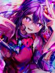  1girl artist_name bare_shoulders blue_necktie blush commentary_request detached_sleeves dress hair_between_eyes hair_ornament heart highres hoshino_ai_(oshi_no_ko) idol long_hair necktie open_mouth oshi_no_ko pink_dress purple_eyes purple_hair rabbit_hair_ornament rachip solo sparkle sweat v 