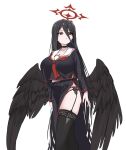  1girl black_choker black_hair black_skirt black_wings blue_archive blush breasts choker closed_mouth feathered_wings fried_bocky garter_straps hair_between_eyes halo hasumi_(blue_archive) highres large_breasts long_hair long_sleeves looking_at_viewer low_wings mole mole_under_eye neckerchief pleated_skirt red_eyes red_neckerchief sailor_collar school_uniform shirt simple_background skirt solo standing thighhighs white_background wings 