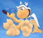  2023 3_toes anthro armor beak blue_background blue_clothing blue_footwear blue_shoes bodily_fluids brown_eyes claws clothing dirt dirty duo feathered_wings feathers feet floppy_ears footwear fur headgear helmet hi_res illumination_entertainment koopa koopa_general_(smbm) koopa_paratroopa koopa_troopa lagomorph leporid lop_ears male male/male mammal mario_bros micro nintendo pozole pozole_(character) rabbit scales scalie shell shoes simple_background sitting soles spiked_armor spiked_helmet spiked_shell spikes spikes_(anatomy) spiral_eyes spots sweat sweatdrop sweaty_face sweaty_feet the_super_mario_bros_movie toe_claws toes white_body white_fur wings yellow_body yellow_scales 