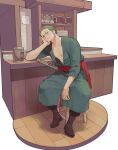  1boy bar_(place) bar_stool bara black_footwear boots earrings green_hair green_kimono head_rest highres japanese_clothes jewelry kimono looking_at_viewer male_focus one_eye_closed one_piece pectorals roronoa_zoro scar scar_across_eye scar_on_chest sheath sheathed shironegi_zzz short_hair sitting smile stool sword weapon 