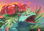  creature evening fadingz leaf no_humans open_mouth outdoors plant pokemon pokemon_(creature) purple_sky red_eyes sharp_teeth signature sky teeth venusaur 