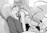  2girls ass blush borushichi breasts chiyoda_momo closed_eyes curled_horns demon_girl demon_horns demon_tail fingering flat_chest french_kiss greyscale highres horns kiss large_breasts long_hair long_sleeves looking_at_another machikado_mazoku monochrome multiple_girls open_mouth panties shirt short_hair sweat tail underwear yoshida_yuuko_(machikado_mazoku) yuri 