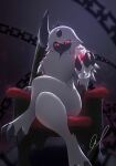  absol absurd_res ambiguous_gender anthro ashcorpkyle chain chair claws crossed_legs feet furniture generation_3_pokemon hi_res holding_glass holding_object looking_at_viewer looking_down looking_down_at_viewer nintendo pokemon pokemon_(species) red_eyes solo throne 