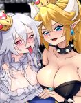  2girls absurdres artist_name black_dress black_nails blonde_hair blue_eyes bowsette breasts cleavage collar dress earrings highres horns jewelry jrpulse large_breasts long_hair mario_(series) multiple_girls open_mouth patreon_username pink_eyes pointy_ears princess_king_boo spiked_collar spikes super_crown tongue tongue_out watermark white_dress white_hair 
