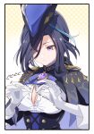  1girl adjusting_clothes black_corset black_hair blue_cape blue_headwear breasts cape clorinde_(genshin_impact) closed_mouth corset epaulettes genshin_impact gloves hat hat_feather highres kabu_usagi large_breasts long_hair purple_eyes shoulder_cape solo tricorne upper_body vision_(genshin_impact) white_gloves 