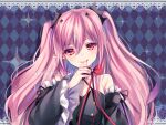  1girl bat_hair_ornament black_dress black_ribbon blood blood_from_mouth bow buttons detached_sleeves dress hair_ornament krul_tepes long_hair looking_at_viewer owari_no_seraph painttool_sai_(medium) pink_hair pointy_ears red_bow red_eyes red_ribbon ribbon sasucchi95 sleeveless sleeveless_dress smile solo sparkle 