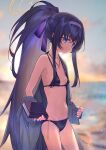  1girl amana_(pocketkey) bikini black_bikini blue_archive blue_eyes blurry blurry_background book breasts commentary_request hairband halo highres holding holding_book jewelry long_hair looking_at_viewer navel necklace ocean official_alternate_costume outdoors ponytail purple_hairband small_breasts solo standing swimsuit ui_(blue_archive) ui_(swimsuit)_(blue_archive) very_long_hair yellow_halo 