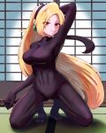  1girl blonde_hair bodystocking bodysuit breasts covered_navel dagger earrings feet full_body groin hairband highres holding holding_knife jewelry knife kunoichi_(live_a_live) live_a_live long_hair looking_at_viewer skin_tight smile solo togenomaru very_long_hair weapon 