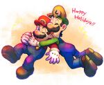  2boys blue_eyes blue_overalls boots brown_footwear brown_hair closed_eyes co_co_mg english_text facial_hair gloves green_headwear green_shirt hug luigi mario mario_(series) multiple_boys mustache one_eye_closed open_mouth overalls red_headwear red_shirt shirt short_hair white_gloves 