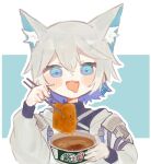  1girl :3 animal_ear_fluff animal_ears armor black_shirt blue_background blue_eyes blue_hair bowl cevio chopsticks coat coko_(cevio) colored_inner_hair commentary diamond_earrings drooling earrings fang faoru_ofuton food_request fox_ears grey_coat grey_hair highres holding holding_bowl holding_chopsticks jewelry kamitsubaki_studio long_sleeves looking_at_food mouth_drool multicolored_hair open_clothes open_coat pauldrons puffy_long_sleeves puffy_sleeves shirt short_hair shoulder_armor simple_background skin_fang smile solo turtleneck two-tone_background white_background 