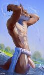  2023 anthro athletic balls bottomwear bottomwear_aside brown_body brown_fur canid canine canis chunie clothing clothing_aside detailed_background digital_media_(artwork) eyes_closed foreskin fur genitals hi_res humanoid_genitalia humanoid_penis loincloth loincloth_aside male mammal nipples partially_retracted_foreskin partially_submerged penis smile solo white_body white_fur wolf 