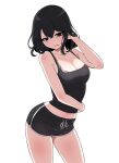  1girl arm_across_waist black_eyes black_hair black_shirt black_shorts breasts hand_in_own_hair highres medium_breasts midriff navel original shirt short_shorts shorts simple_background solo standing thighs uihyeon_chae white_background 