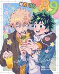  2boys bakugou_katsuki balloon blonde_hair blue_jacket boku_no_hero_academia brown_jacket bubble_tea ferris_wheel food green_eyes green_hair hood hoodie jacket male_focus midoriya_izuku multiple_boys nightcat open_mouth red_eyes short_hair spiked_hair teeth white_hoodie 