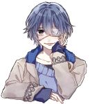  1boy aiaiharuharu black_shirt blue_hair blue_sweater blush brown_eyes brown_hoodie eyepatch hinose_takeru hood hood_down hoodie looking_at_viewer male_focus open_mouth shirt short_hair smile solo sweater sweet_clown 