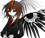  1other androgynous black_eyes black_jacket black_wings brown_hair closed_mouth collared_shirt colored_sclera colored_skin highres horror_(theme) jacket kokutenshi_hibaru kubotant len&#039;en long_sleeves medium_hair messy_hair necktie no_nose other_focus red_necktie red_sclera shirt simple_background smile solo upper_body white_background white_shirt white_skin wing_eyes wings 