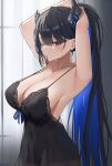  1girl adjusting_hair archinoer armpits arms_up black_hair black_nightgown blue_hair breasts cleavage closed_mouth covered_navel demon_horns dress hair_tie_in_mouth highres hololive hololive_english horns large_breasts long_hair mole mole_under_eye mouth_hold nerissa_ravencroft nightgown one_eye_closed red_eyes solo spaghetti_strap strap_gap tying_hair uneven_horns very_long_hair virtual_youtuber wavy_mouth 