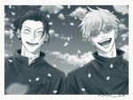  2boys ^_^ blush border closed_eyes cloud ear_piercing falling_petals getou_suguru gojou_satoru greyscale hair_bun hair_pulled_back highres jacket jujutsu_kaisen jujutsu_tech_uniform ksuke_26 male_focus monochrome multiple_boys open_mouth petals piercing round_eyewear school_uniform short_hair sky smile teeth upper_body white_border 