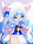  &gt;_&lt; 1girl animal_ears animal_hands bell blue_flower blue_fur blue_hair blue_rose body_fur breasts commentary_request flower furry furry_female hair_flower hair_ornament highres jingle_bell kishibe large_breasts long_hair multicolored_hair open_mouth original rose solo_focus tail two-tone_fur upper_body white_fur white_hair 