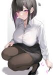  1girl bangs black_hair black_skirt blush bob_cut breasts brown_pantyhose collared_shirt colored_inner_hair dress_shirt high_heels large_breasts long_sleeves looking_at_viewer luse_maonang multicolored_hair original pantyhose pencil_skirt pink_eyes purple_hair shirt short_hair skirt solo squiggle thighs white_shirt 