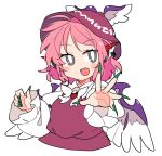 1girl :d animal_ears bird_ears bird_wings blush bow bowtie brown_headwear collared_shirt commentary_request dress_bow fang feathered_wings fingernails frilled_sleeves frills green_nails grey_eyes hat ini_(inunabe00) long_fingernails long_sleeves looking_at_viewer mystia_lorelei open_mouth outstretched_arm pink_bow pink_hair red_brooch sharp_fingernails shirt short_hair simple_background skin_fang sleeve_garter smile solo touhou upper_body white_background white_bow white_bowtie white_shirt white_wings wings 