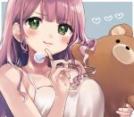  1girl blush breasts camisole green_eyes highres holding holding_stuffed_toy kurihara_sakura long_hair looking_at_viewer medium_breasts mimikaki off_shoulder original pink_hair simple_background smile solo stuffed_animal stuffed_toy teddy_bear upper_body white_camisole 