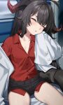  1girl absurdres ahoge ass black_hair black_shorts blue_archive blurry blurry_background blush breasts cleavage closed_eyes collared_shirt hair_intakes highres horns kasumi_(blue_archive) lab_coat long_hair micro_shorts parted_lips red_shirt shirt shirt_tucked_in shorts sitting sleeping sleeves_past_fingers sleeves_past_wrists small_breasts solo tail train_interior wakamepiza 