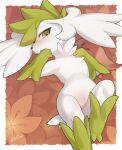  absurd_res anthro blush border featureless_chest featureless_crotch female flower_bed fur generation_4_pokemon green_body green_eyes green_fur hi_res legendary_pokemon lying nintendo on_back pokemon pokemon_(species) semi-anthro shaymin sky_forme_shaymin solo suggestive white_body white_fur zinfyu 