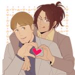  1boy 1other brown_eyes brown_hair brown_jacket commentary_request glasses grey_jacket hange_zoe hanpetos heart heart_background heart_hands heart_hands_duo jacket moblit_berner one-hour_drawing_challenge one_eye_closed ponytail shingeki_no_kyojin smile tongue tongue_out 