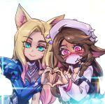  2girls ahri_(league_of_legends) animal_ears black_choker blonde_hair blue_dress blush braid breasts brown_hair choker commentary dress fox_ears fox_girl heart heart_hands heart_hands_duo k/da_(league_of_legends) k/da_all_out_ahri k/da_lillia large_breasts league_of_legends lillia_(league_of_legends) long_hair long_sleeves mask mouth_mask multiple_girls phantom_ix_row pink_eyes pink_headwear shiny_skin simple_background symbol-only_commentary teamfight_tactics twin_braids upper_body white_background 