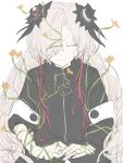  1girl absurdres asymmetrical_sleeves black_coat black_flower closed_eyes closed_mouth coat commentary_request cracked_skin doll_joints facing_viewer flower grey_hair hair_flower hair_ornament hair_over_one_eye high_collar highres isekai_joucho joints kamitsubaki_studio kino_(kin0_oz) long_hair missing_finger multicolored_hair overgrown red_hair solo streaked_hair uneven_sleeves upper_body very_long_hair virtual_youtuber wavy_hair yellow_flower zipper zipper_pull_tab 