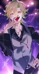  1boy absurdres belt black_belt black_pants black_shirt blonde_hair collared_shirt cowboy_shot ear_piercing fingernails gem grey_vest hair_between_eyes hand_on_own_hip hand_up highres hypnosis_mic izanami_hifumi jewelry long_sleeves looking_at_viewer male_focus nail_polish necklace open_mouth pants piercing red_gemstone ring shiroraba shirt short_hair signature solo sparkle teeth tongue tongue_out upper_teeth_only vest yellow_eyes yellow_nails 