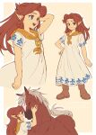  1girl blue_eyes boots brown_footwear brown_hair closed_eyes dress epona hand_on_own_hip highres horse long_hair malon multiple_views open_mouth pointy_ears short_sleeves simple_background smile takapon-o-ji teeth the_legend_of_zelda the_legend_of_zelda:_ocarina_of_time upper_teeth_only white_dress 