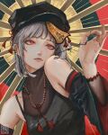  1girl @_@ artist_name bare_shoulders bead_bracelet bead_necklace beads blunt_bangs bracelet cabbie_hat chainsaw_man cheek-to-shoulder ear_piercing earrings fami_(chainsaw_man) grey_hair hat jewelry lips medium_hair mole mole_under_eye necklace piercing red_eyes solo taorotana upper_body 