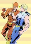  2boys ? artist_name bara barry_allen blonde_hair blue_bodysuit blue_eyes blush bodysuit boots captain_cold_(dc) covered_abs dc_comics doughnut evinist food food_on_face grey_bodysuit highres holding holding_food hood hood_down hooded_jacket ice_cream ice_cream_cone jacket justice_league large_pectorals leonard_snart looking_at_another male_focus mask multiple_boys muscular muscular_male open_clothes open_jacket pectorals red_bodysuit short_hair simple_background sleeveless sleeveless_bodysuit sleeveless_jacket the_flash tongue tongue_out two-tone_bodysuit yaoi 