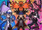  1girl 2boys absurdres baseball_cap bede_(champion)_(pokemon) bede_(pokemon) black_dress black_hair blue_eyes cape clenched_hand confetti dress fingerless_gloves fire fur-trimmed_cape fur_trim galarian_articuno galarian_moltres galarian_zapdos gloves hat highres hop_(champion)_(pokemon) hop_(pokemon) looking_at_viewer marnie_(champion)_(pokemon) marnie_(pokemon) mimimicabip multiple_boys official_alternate_hairstyle pokemon pokemon_(creature) pokemon_(game) pokemon_masters_ex purple_hair smile sparkle tiara wings witch_hat yellow_eyes 
