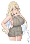  1girl absurdres alternate_costume backless_dress backless_outfit bismarck_(kancolle) blonde_hair blue_eyes breasts dress grey_sweater highres kantai_collection large_breasts long_hair meme_attire naked_sweater one-hour_drawing_challenge sideboob simple_background solo sweater sweater_dress tf_cafe twitter_username virgin_killer_sweater white_background 